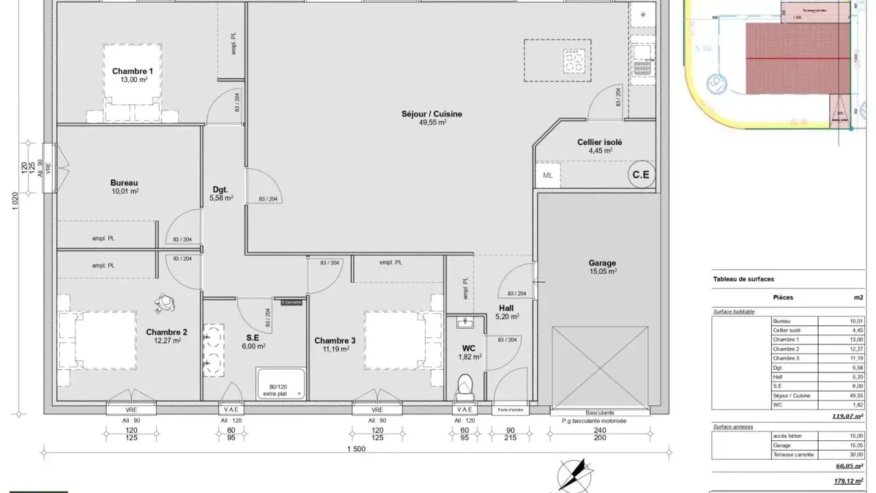 Plan maison plain-pied 3 chambres avec garage et cellier. Idéal pour une famille, ce plan offre un espace de vie lumineux et fonctionnel.