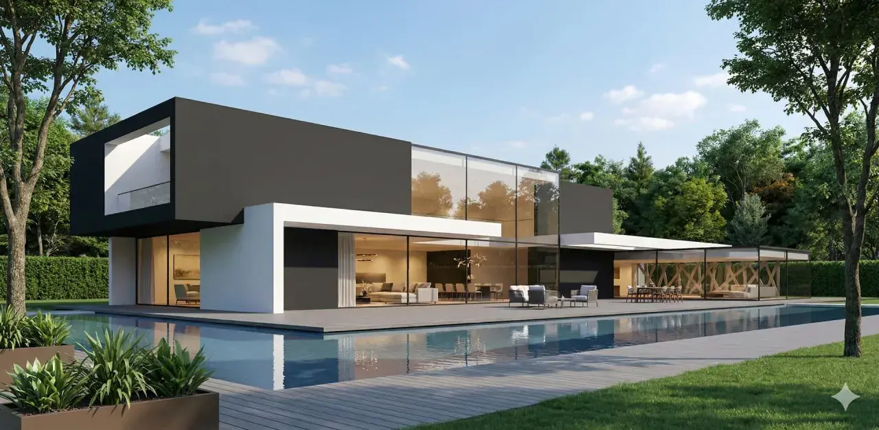 Une **maison cube moderne plain-pied** avec piscine, entourée d'arbres. Lignes épurées, grandes baies vitrées, terrasse en bois.