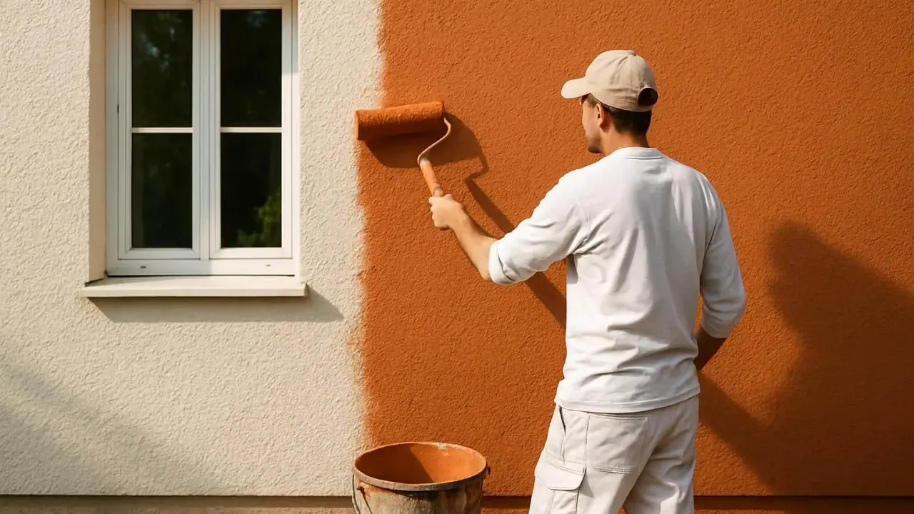 Un homme en casquette applique une peinture sur crépi ocre à l'aide d'un rouleau, transformant une façade blanche.