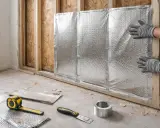 Pose d'un isolant mince sur un mur en construction. Des mains gantées ajustent le matériau réfléchissant. Outils de pose au sol.