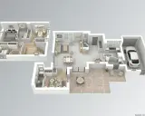Exemple plan maison 3D : vue éclatée montrant plusieurs chambres, salon, salle à manger, cuisine, salle de bain et garage avec une voiture.