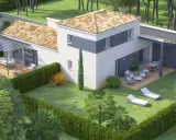 Plan maison jumelée 80m2 avec terrasses en bois, pergola et jardin paysager. Idéal pour une famille.