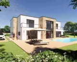 Maison moderne avec piscine, terrasse en bois et voiture électrique. Un architecte a conçu cette construction pour un style de vie luxueux.