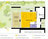 Plan d'une maison de 70m2 avec espaces jour et nuit, terrasses, jardin et indication de la course du soleil.