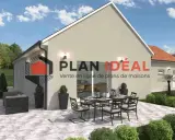 Plan maison plain-pied senior : une villa moderne avec terrasse aménagée, idéale pour profiter de l'extérieur en toute sérénité.