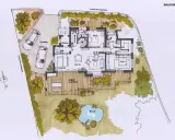 Plan maison ancienne : vue aérienne d'une maison avec parking, entrée, cuisine, séjour, chambres, salle de bain, dressing, séjour extérieur, et un bassin.