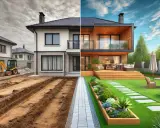 Avant/après : chantier d'une maison neuve transformé en jardin paysager luxuriant.