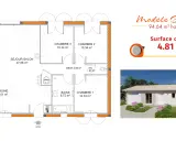 Plan de maison simple et jolie : modèle Goji, 94.64 m², avec séjour-salon, cuisine, 3 chambres, bains et WC.