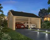 Un garage en bois abrite deux voitures. Le prix de construction de ce garage est abordable.