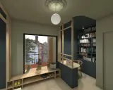 Un bureau caché dans le salon, intégré à une bibliothèque murale. Un espace de travail discret et fonctionnel.