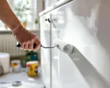 Main d'une personne appliquant de la peinture blanche sur un meuble pour le customiser.