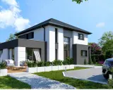 Plan maison 3 chambres moderne avec terrasse, jardin et voiture garée.