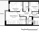 Plan d'une maison 60 m² avec terrasse, salon, cuisine, buanderie, deux chambres et salle de bain.