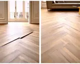 Parquet en chevrons gondolé, avec une lame dorée insérée dans une fissure.