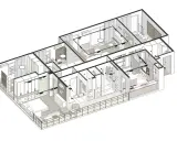 Plan architecte isométrique d'un appartement moderne avec chambre, salon, cuisine, salle de bain et bureau.