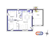 Plan d'une petite maison 50m2 avec deux chambres, une pièce de vie, une salle de bain, WC et un garage.