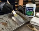 Application d'un gel pour enlever peinture sur métal sans décapant. Un pinceau dépose le produit sur une surface métallique écaillée.