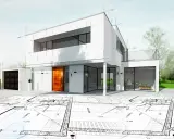 Plan maison etage : une maison moderne en cours de construction, superposée sur des plans architecturaux détaillés.
