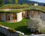 Maison semi enterrée sur un terrain en pente, avec un toit végétalisé et de grandes fenêtres cintrées. Un arbre fleuri blanc devant.