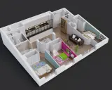 Plan appartement 80m2 2 chambres : cuisine moderne, salon, salle de bain, et deux chambres confortables.