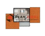 Vue aérienne d'un plan de maison 5 chambres, avec toiture en tuiles oranges et logo "PLAN IDEAL".
