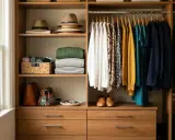 Un dressing bien rangé avec des chapeaux, des pulls pliés, des sacs et des vêtements suspendus. Idéal pour ranger son dressing.