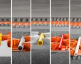 Coupes montrant l'installation du chauffage au sol. Des tubes de différentes couleurs (jaune, gris, rouge, blanc) sont intégrés dans des panneaux orange, sous un revêtement de sol.