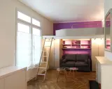 Un studio optimisé de plan 20m2 avec lit mezzanine, canapé, étagères violettes et échelle.