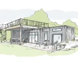 Une maison container moderne avec terrasse et escalier en colimaçon. Un design épuré pour une habitation contemporaine.