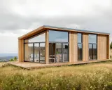 Maison moderne en bois avec grandes baies vitrées, nichée dans un paysage champêtre. Un projet construction maison idéal pour les amoureux de la nature.