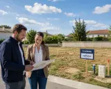 Un couple examine un plan sur un terrain à vendre, projetant d'acheter pour construire une maison.