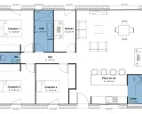 Plan d'une maison 90m2 avec 3 chambres, un bureau, une pièce de vie spacieuse, SDE, WC et cellier.