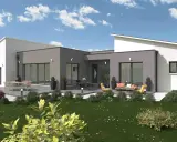Maison moderne de plain-pied avec garage, terrasse aménagée et jardin verdoyant.