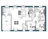 Plan d'un modèle de maison moderne avec garage, séjour spacieux, 3 chambres, salle d'eau et WC.