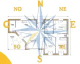 Plan de maison avec rose des vents superposée. Idéal pour faire un plan de maison optimisé pour l'ensoleillement.