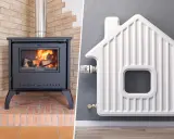 Poêle à bois et radiateur en forme de maison, symbolisant le raccordement poêle bouilleur chauffage central pour un confort optimal.