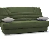 Canapé convertible vert kaki, deux coussins gris, taille clic clac standard. Parfait pour un petit espace.