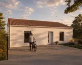 Une femme avec un vélo devant une maison moderne. Le soleil couchant projette de longues ombres. Une maison de l'avenir, prix abordable.