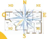 Plan d'une maison avec indication des points cardinaux. Idéal pour des maisons du midi, avec terrasse et pièces bien orientées.