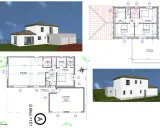 Plan d'une maison modulaire avec garage double, pièce de vie spacieuse, 4 chambres et terrasse sur le toit.