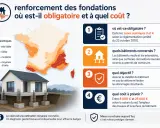Illustration d'une maison sur fondations renforcées, avec une carte de France des zones sismiques. Le renforcement des fondations est obligatoire dans les zones 3 et 4.
