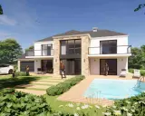 Une maison individuelle moderne avec piscine, conçue par un architecte, avec une voiture électrique et des enfants jouant.