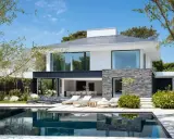 Une maison moderne simple avec piscine, terrasse et mobilier de jardin. Le soleil brille sur cette demeure épurée.