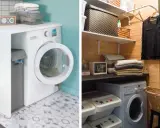 Aménagement d'une buanderie cellier fonctionnelle avec lave-linge, paniers à linge et rangements organisés.