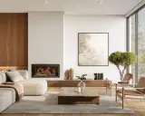 Aménagement d'un salon salle à manger de 30m2, avec un coin 25m2 pour le salon. Un feu de cheminée réchauffe l'espace.