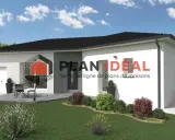 Une maison moderne de 110m2 avec garage, terrasse et jardin paysager. Le logo PLAN IDEAL est visible.