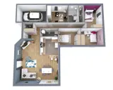 Plan 3D d'une maison avec garage, salon, cuisine, salle de bain et chambres.