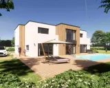 Une famille profite de sa nouvelle maison moderne avec piscine. Le rêve de construire sa propre maison est devenu réalité.