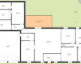 Plan maison plain pied avec garage, pièce à vivre, 3 chambres, cuisine, cellier, SDB, bureau et terrasse.