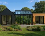 Une maison nature moderne avec une serre vitrée luxuriante, entourée de verdure et de fleurs.